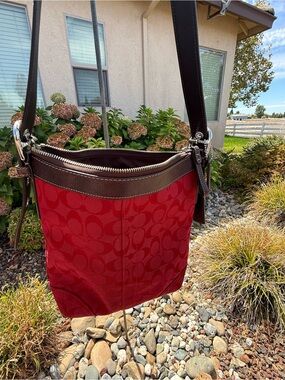 Coach Red Signature Shoulder Bag with Brown Trim